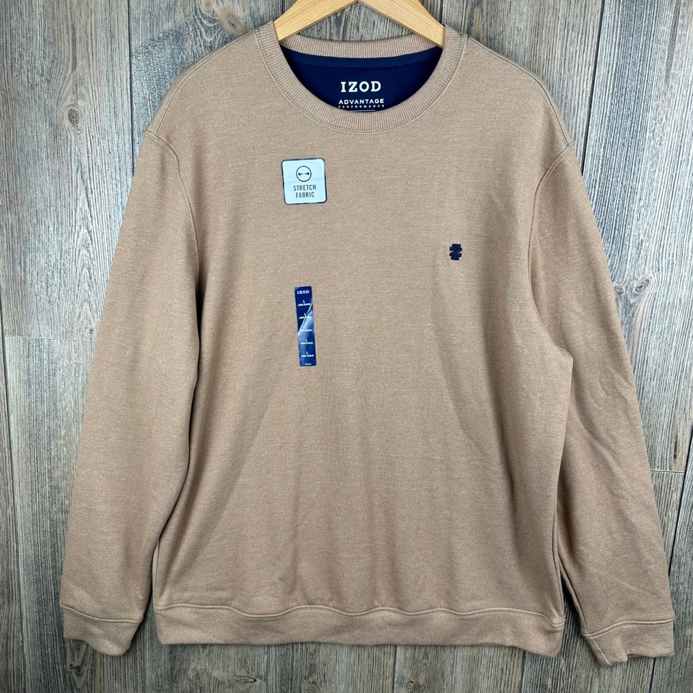 IZOD Advantage Performance Sweatshirt Men Large Tan Stretch Crewneck NEW